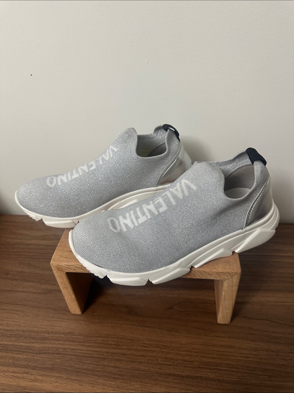 Valentino Silver Knit Slip-On Sneakers with White Sole